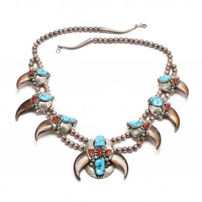 navajo-silver-turquoise-coral-and-bear-claw-squash-blossom-necklace