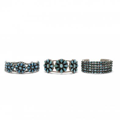 three-silver-and-turquoise-cuff-bracelets-signed