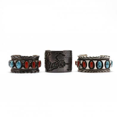 three-silver-and-gemstone-cuff-bracelets