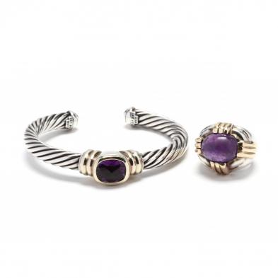 sterling-silver-14kt-gold-and-amethyst-bracelet-by-david-yurman-and-a-ring