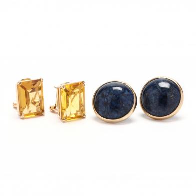 pair-of-14kt-citrine-earrings-and-a-pair-of-14kt-lapis-earrings