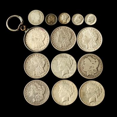 nine-circulated-silver-dollars-and-five-fractional-coins
