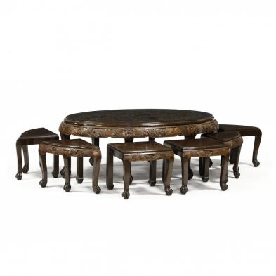 a-chinese-carved-hardwood-low-table-with-stools
