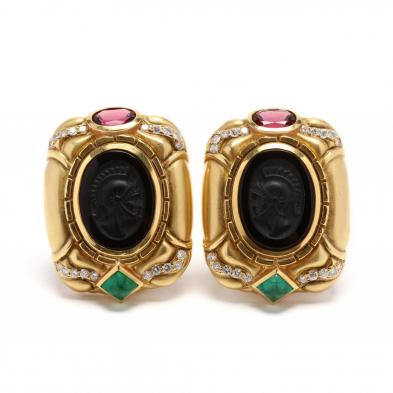 18kt-gold-carved-onyx-and-gem-set-earrings