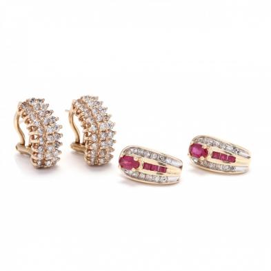 two-pairs-14kt-gold-and-gem-set-half-hoop-earrings