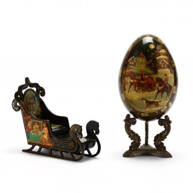 russian-lacquered-sleigh-and-egg-on-stand
