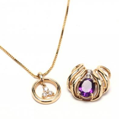 14kt-gold-and-diamond-necklace-and-a-gold-amethyst-and-diamond-slide