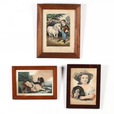 three-antique-prints-of-children-with-animals-currier-ives