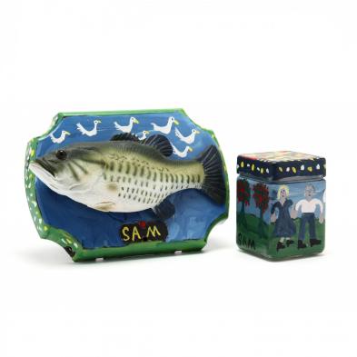 sam-the-dot-man-painted-talking-fish-and-lidded-jar