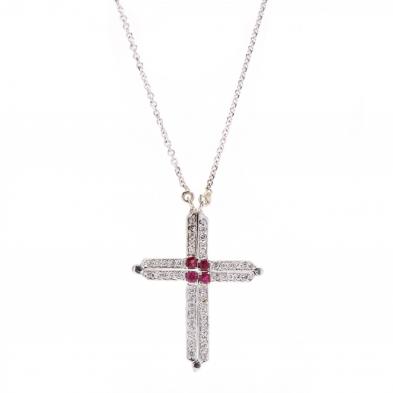 14kt-white-gold-diamond-and-ruby-cross-necklace