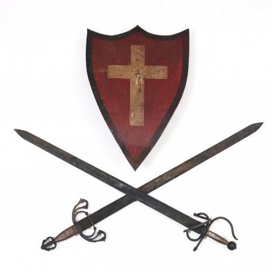 pair-of-antique-decorative-swords-and-painted-shield