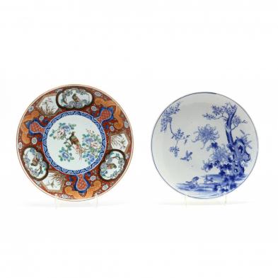 a-large-japanese-imari-charger-and-arita-blue-and-white-charger