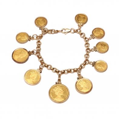 14kt-charm-bracelet-with-elizabeth-ii-isle-of-man-cat-theme-gold-coins