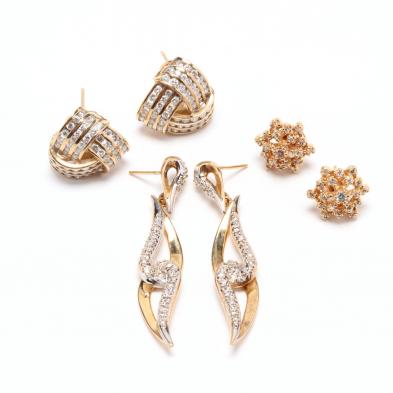 three-pairs-14kt-gold-and-diamond-earrings
