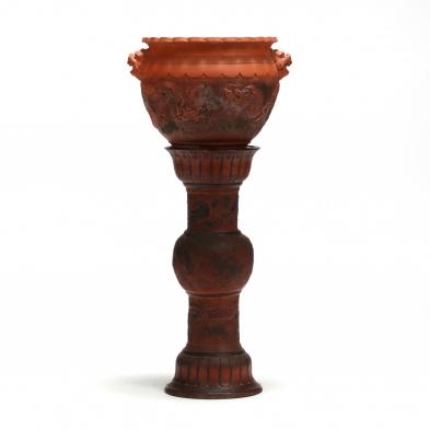a-japanese-tokoname-redware-dragon-jardiniere-and-stand