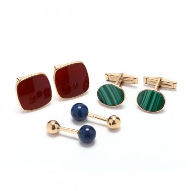 three-pairs-of-gold-and-gemstone-cufflinks