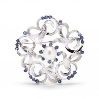 18kt-white-gold-pearl-and-sapphire-brooch