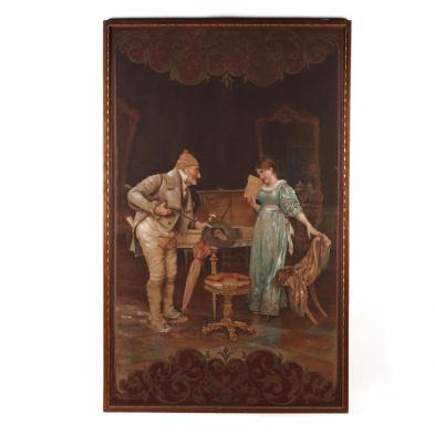 a-large-antique-painting-of-a-music-lesson