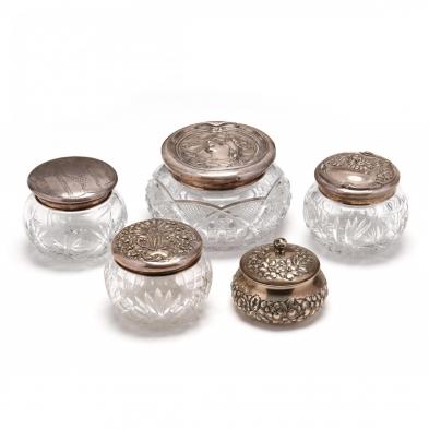 five-vintage-and-antique-sterling-silver-crystal-dresser-jars