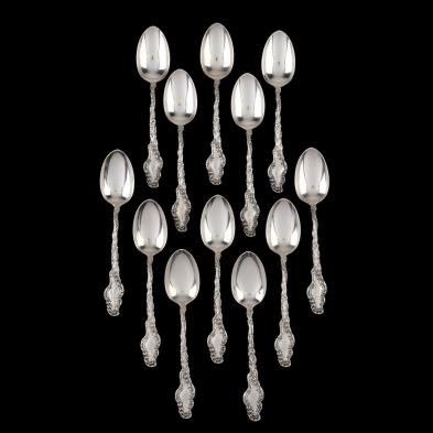 twelve-durgin-watteau-sterling-silver-dessert-oval-soup-spoons