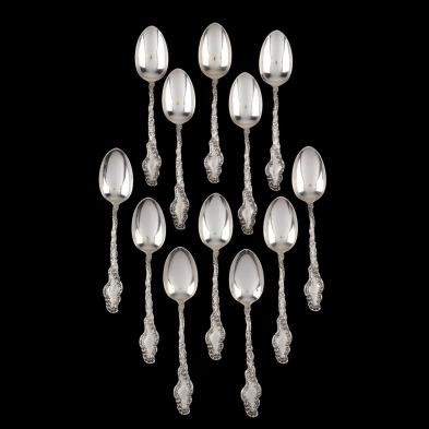 twelve-durgin-watteau-sterling-silver-dessert-oval-soup-spoons