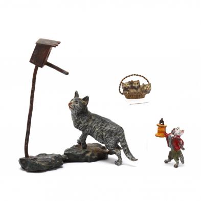 three-antique-cold-painted-bronze-miniature-cat-sculptures