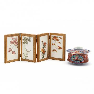 an-asian-imari-covered-bowl-and-a-porcelain-table-screen
