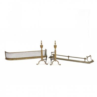 two-vintage-brass-fire-fenders-and-pair-of-andirons