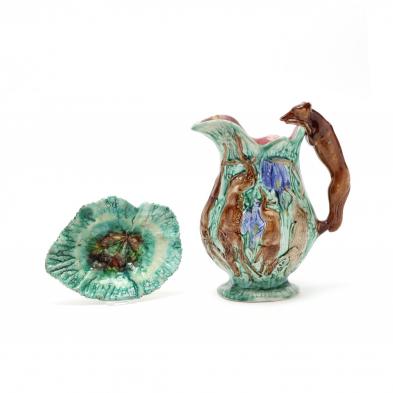 majolica-hunt-pitcher-and-leaf-dish