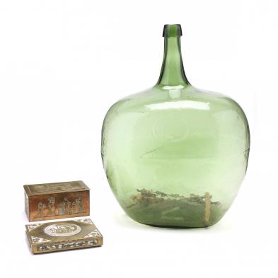 vintage-glass-demijohn-and-two-brass-boxes