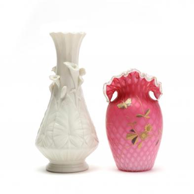 a-belleek-porcelain-vase-and-a-satin-glass-vase