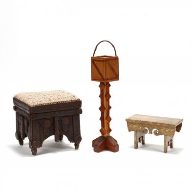 two-folk-art-footstools-and-stand