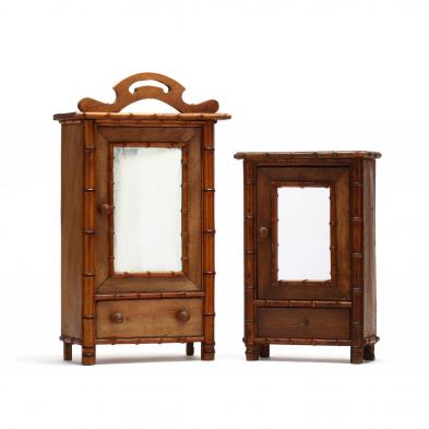 two-antique-faux-bamboo-miniature-mirrored-armoires