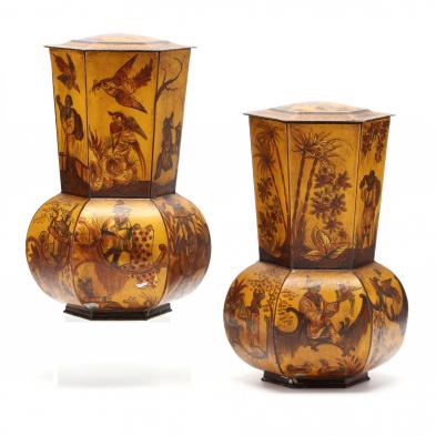 pair-of-antique-toleware-lidded-tea-urns