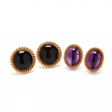 two-pairs-18kt-gold-gem-set-earrings