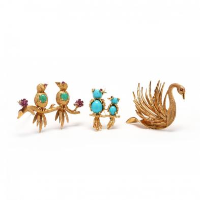 three-18kt-gold-and-gemstone-whimsical-brooches