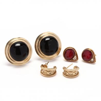 three-pairs-of-gold-and-gemstone-earrings