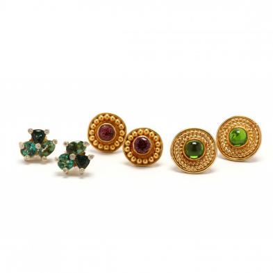 three-pairs-of-gold-and-gemstone-earrings