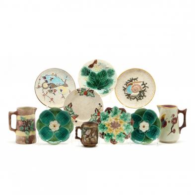 majolica-plates-seven-and-three-pitchers