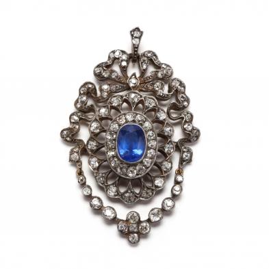 antique-silver-topped-gold-sapphire-and-diamond-pendant
