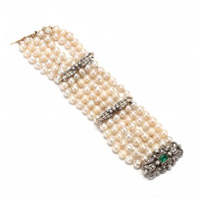 silver-topped-gold-multi-strand-pearl-emerald-and-diamond-bracelet