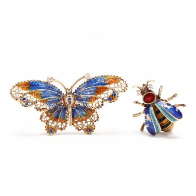 two-gold-and-enamel-brooches