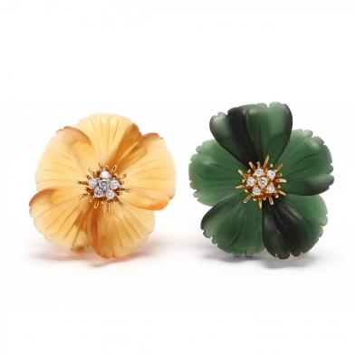 pair-of-carved-hardstone-and-diamond-clip-brooches