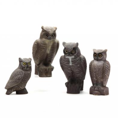 a-collection-of-four-paper-mache-owl-decoys