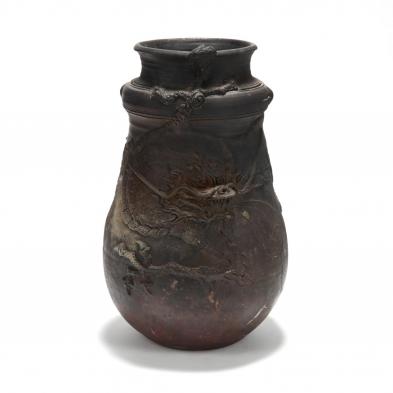 a-japanese-black-tokonome-pottery-dragon-floor-vase