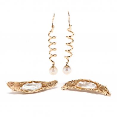 two-pairs-of-gold-and-pearl-earrings