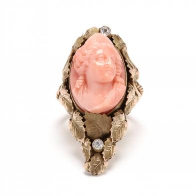 14kt-gold-coral-cameo-and-diamond-ring