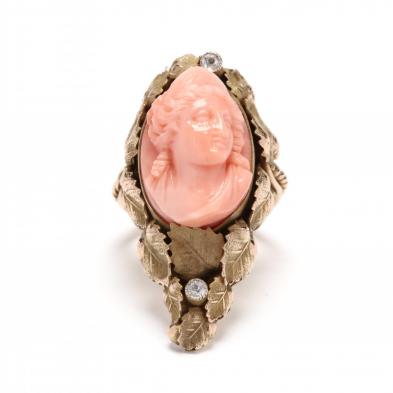 14kt-gold-coral-cameo-and-diamond-ring
