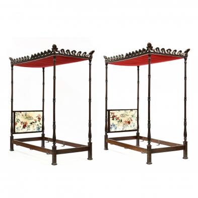 pair-of-georgian-style-carved-mahogany-twin-size-tall-post-beds-with-testers