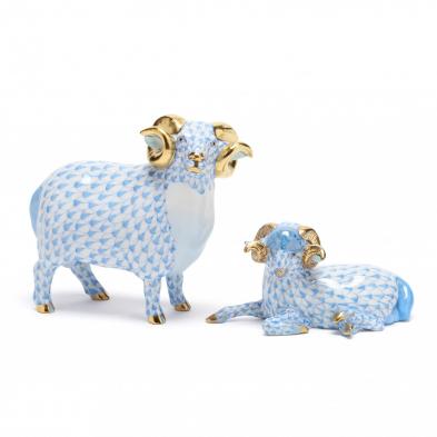 two-herend-porcelain-blue-fishnet-rams